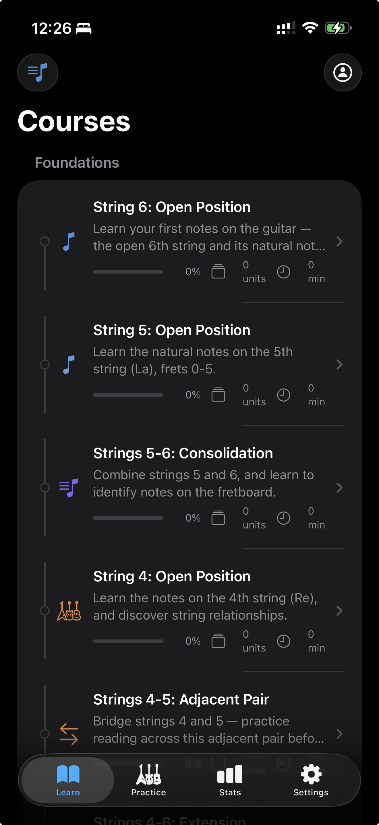 FretsNotes courses on iPhone